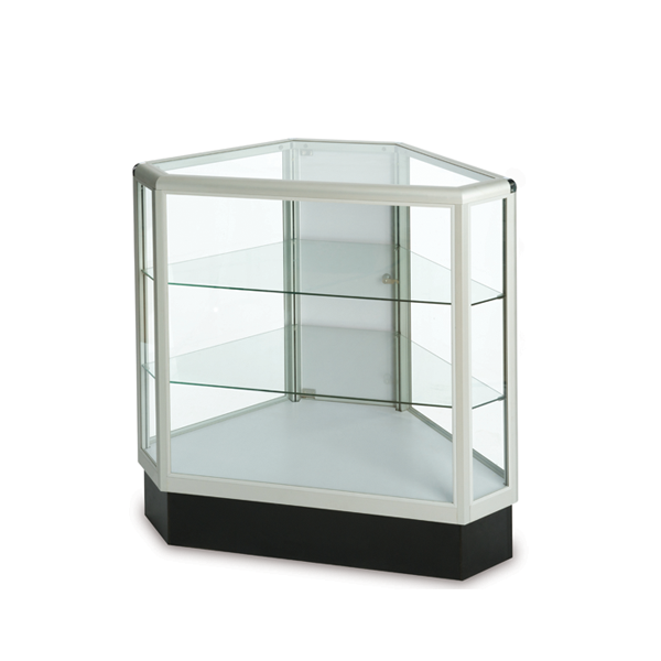 Full Vision Corner Display Case, Pink Metal Glass Shelves